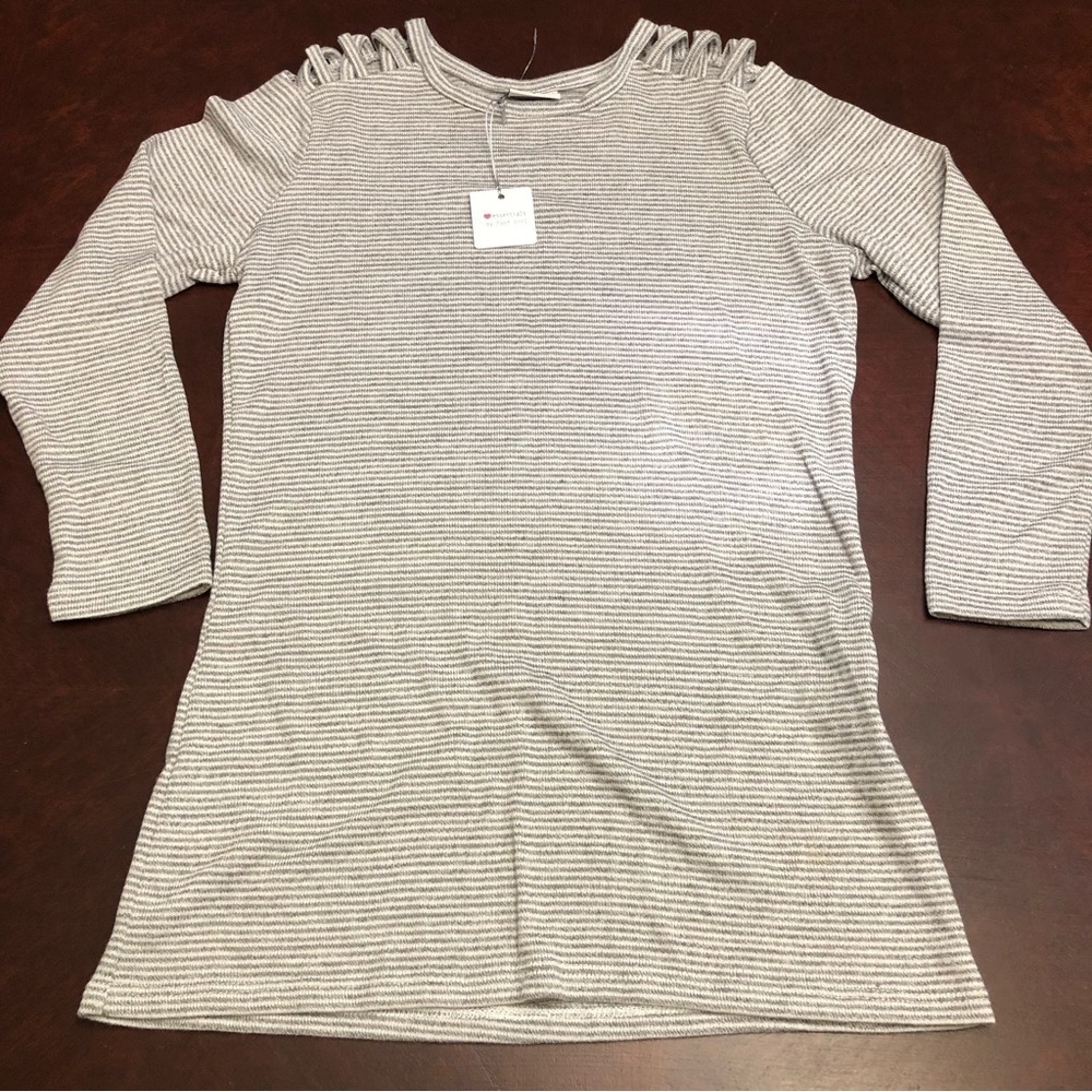 POOF Girls Long Sleeve Cold Shoulder Gray/White Striped Top Size Large K150
